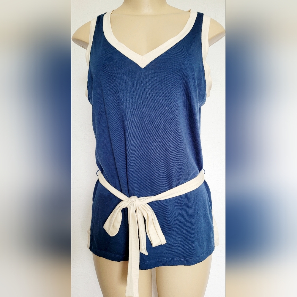 Talbots Women's 100% Pima Cotton Long Tank Top w/Belt Navy/Cream Small